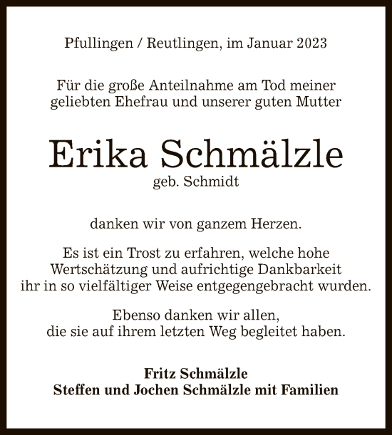 Anzeige von Erika Schmälzle von Reutlinger General-Anzeiger