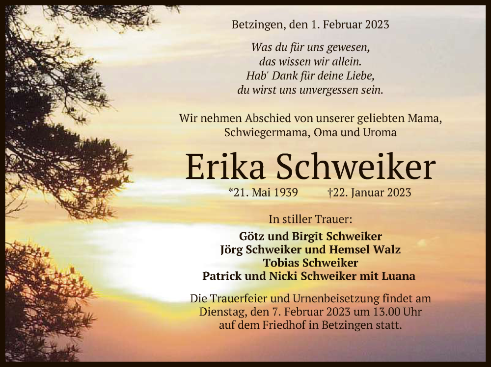  Traueranzeige für Erika Schweiker vom 01.02.2023 aus Reutlinger General-Anzeiger