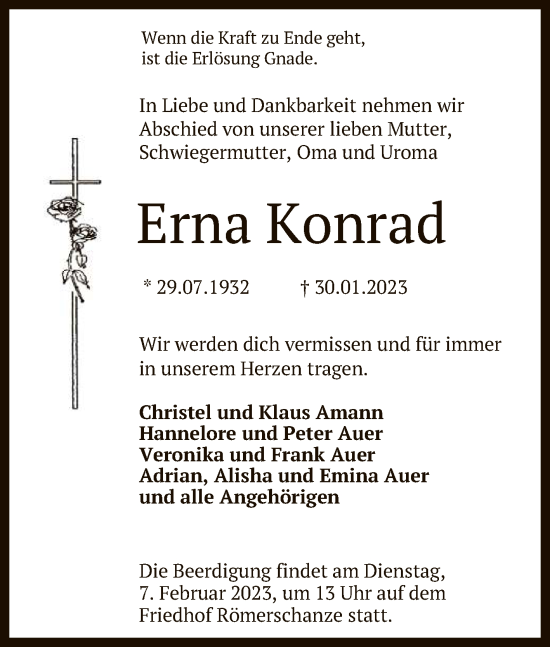 Anzeige von Erna Konrad von Reutlinger General-Anzeiger