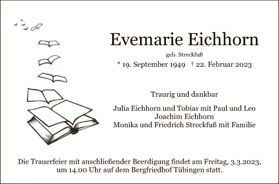 Anzeige von Evemarie Eichhorn von Reutlinger General-Anzeiger