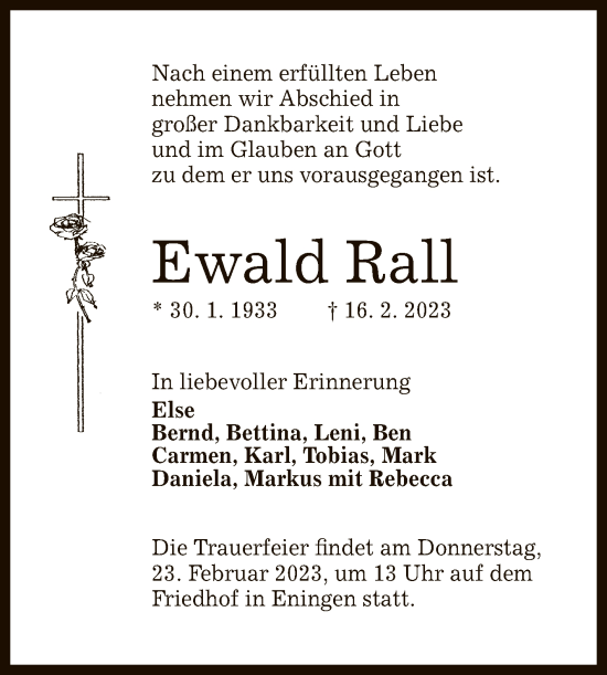 Anzeige von Ewald Rall von Reutlinger General-Anzeiger