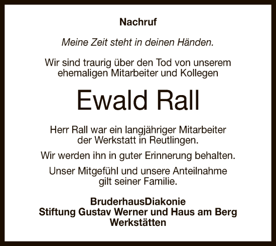 Anzeige von Ewald Rall von Reutlinger General-Anzeiger