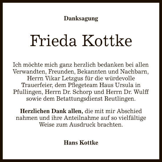 Anzeige von Frieda Kottke von Reutlinger General-Anzeiger