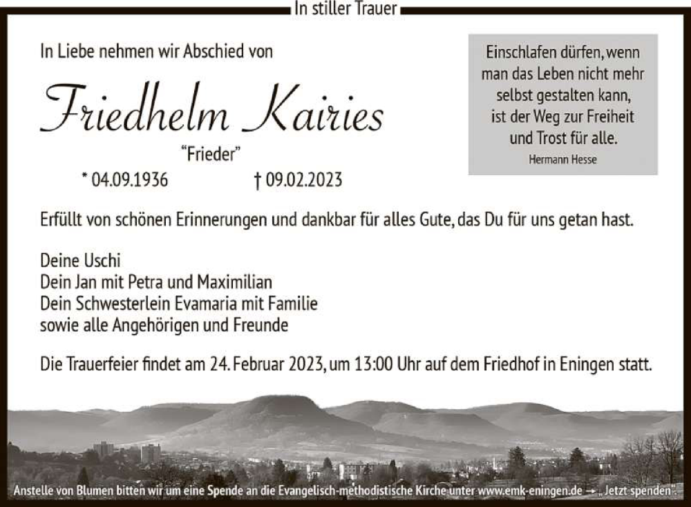  Traueranzeige für Friedhelm Kairies vom 18.02.2023 aus Reutlinger General-Anzeiger