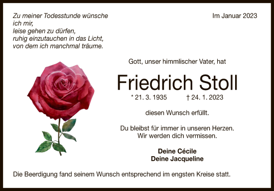 Anzeige von Friedrich Stoll von Reutlinger General-Anzeiger