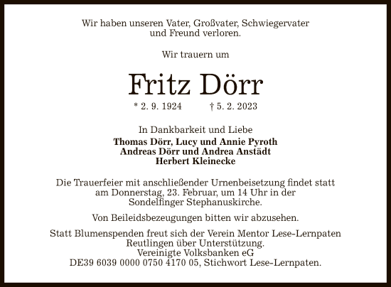Anzeige von Fritz Dörr von Reutlinger General-Anzeiger