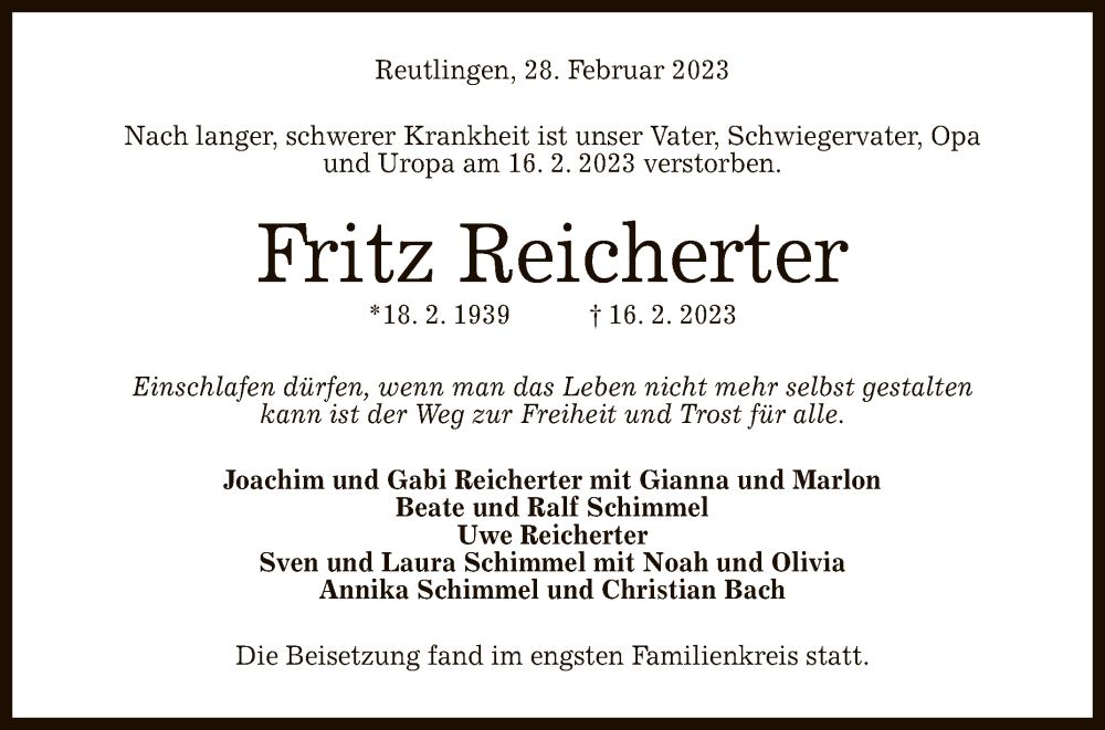  Traueranzeige für Fritz Reicherter vom 28.02.2023 aus Reutlinger General-Anzeiger