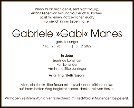 Anzeige von Gabriele Manes von Reutlinger General-Anzeiger