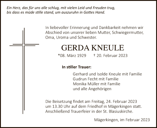 Anzeige von Gerda Kneule von Reutlinger General-Anzeiger