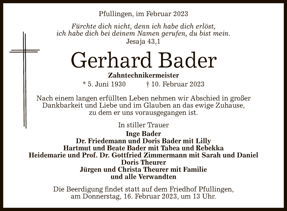  Traueranzeige für Gerhard Bader vom 14.02.2023 aus Reutlinger General-Anzeiger