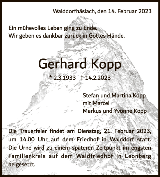 Anzeige von Gerhard Kopp von Reutlinger General-Anzeiger