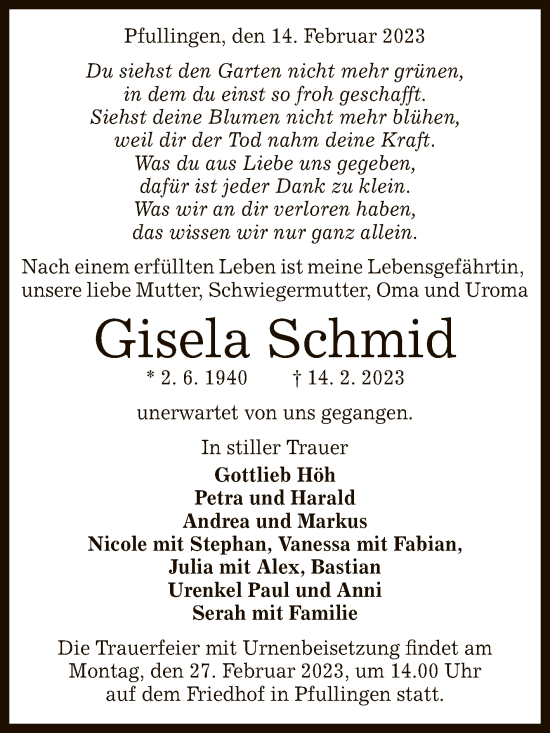 Anzeige von Gisela Schmid von Reutlinger General-Anzeiger