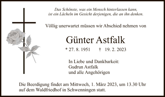 Anzeige von Günter Astfalk von Reutlinger General-Anzeiger