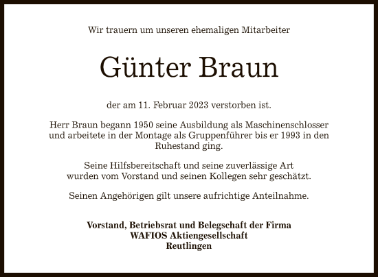 Anzeige von Günter Braun von Reutlinger General-Anzeiger