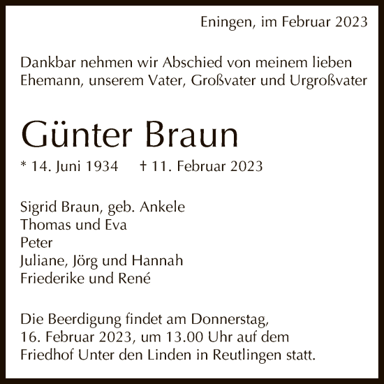 Anzeige von Günter Braun von Reutlinger General-Anzeiger