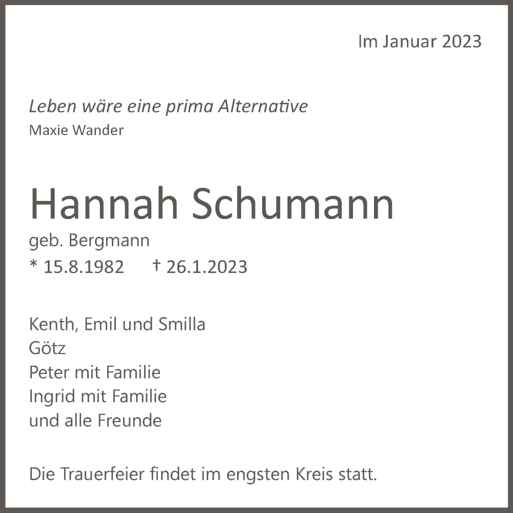  Traueranzeige für Hannah Schumann vom 04.02.2023 aus Reutlinger General-Anzeiger