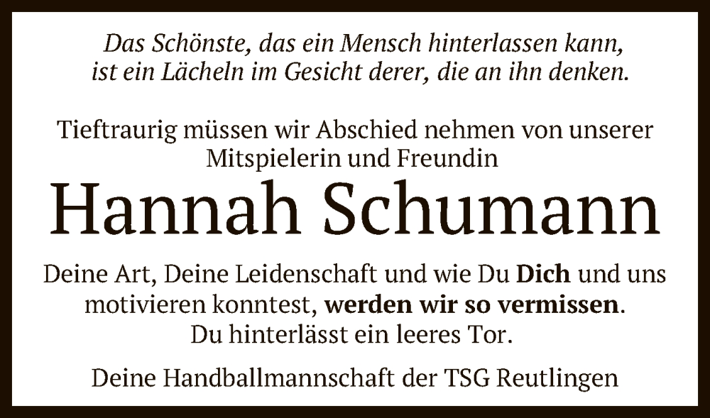  Traueranzeige für Hannah Schumann vom 04.02.2023 aus Reutlinger General-Anzeiger