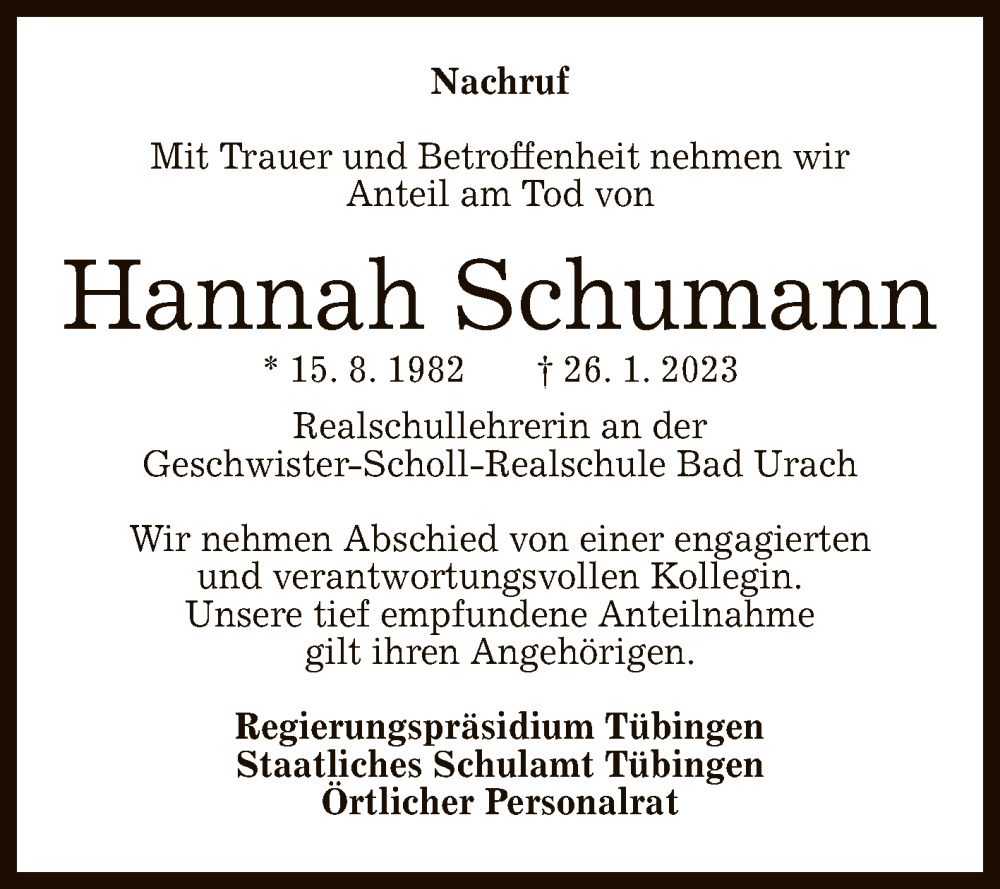  Traueranzeige für Hannah Schumann vom 08.02.2023 aus Reutlinger General-Anzeiger