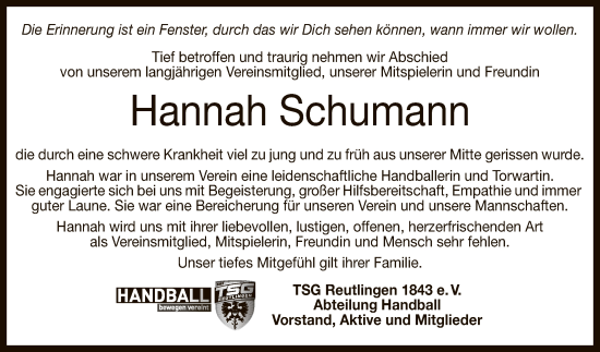 Anzeige von Hannah Schumann von Reutlinger General-Anzeiger