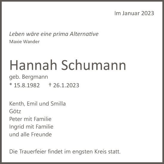Anzeige von Hannah Schumann von Reutlinger General-Anzeiger