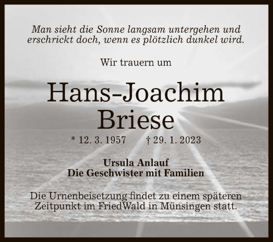 Anzeige von Hans-Joachim Briese von Reutlinger General-Anzeiger