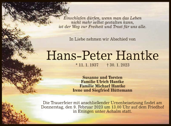 Anzeige von Hans-Peter Hantke von Reutlinger General-Anzeiger