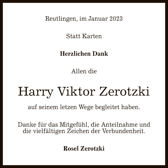 Anzeige von Harry Viktor Zerotzki von Reutlinger General-Anzeiger