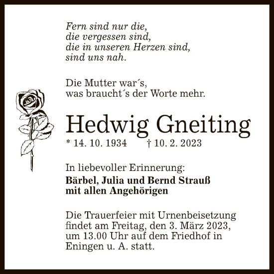 Anzeige von Hedwig Gneiting von Reutlinger General-Anzeiger