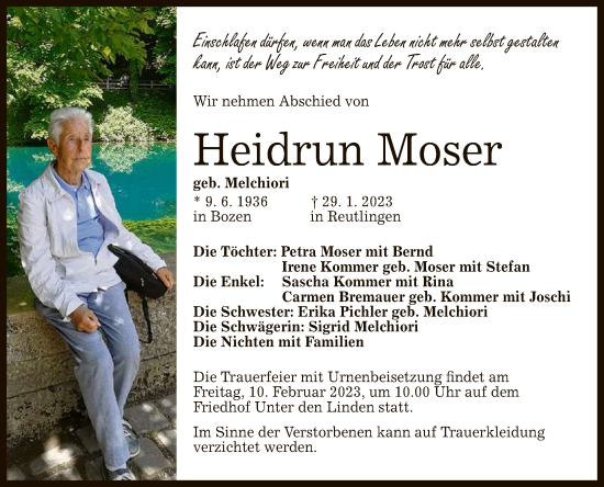 Anzeige von Heidrun Moser von Reutlinger General-Anzeiger