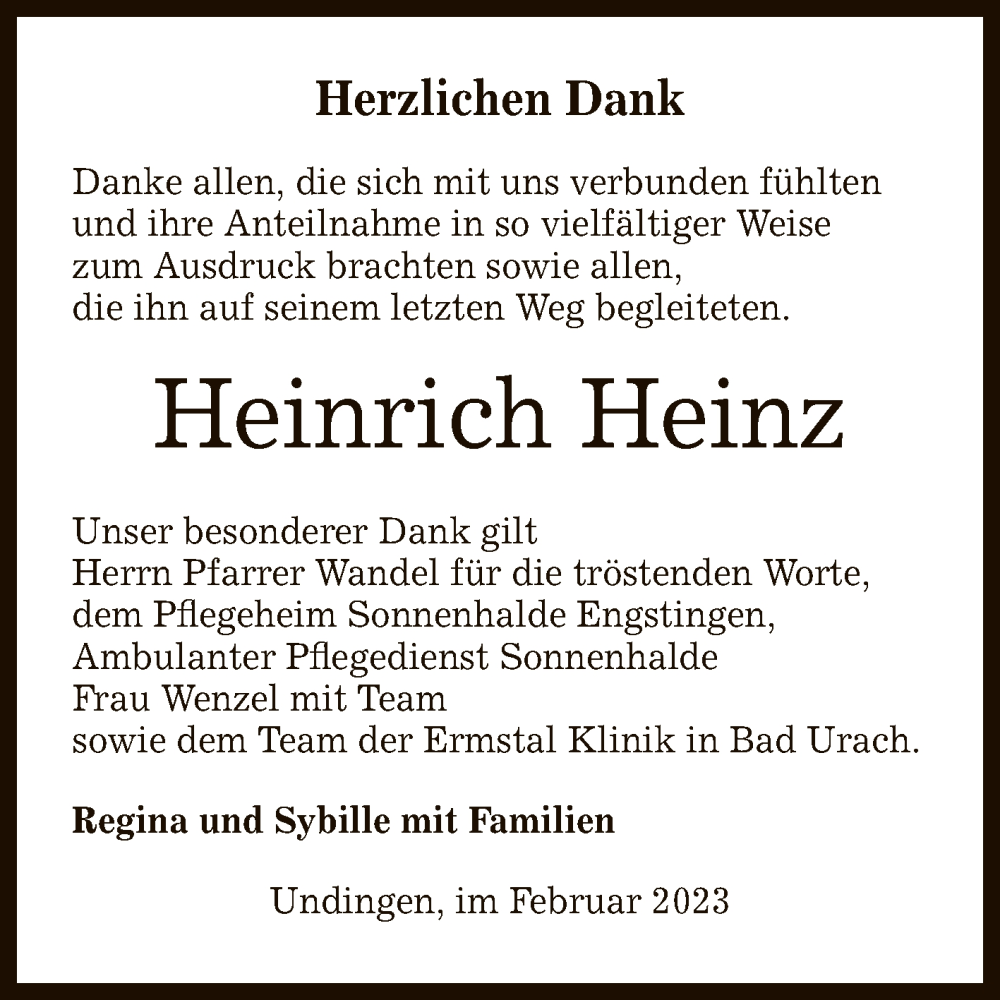  Traueranzeige für Heinrich Heinz vom 10.02.2023 aus Reutlinger General-Anzeiger