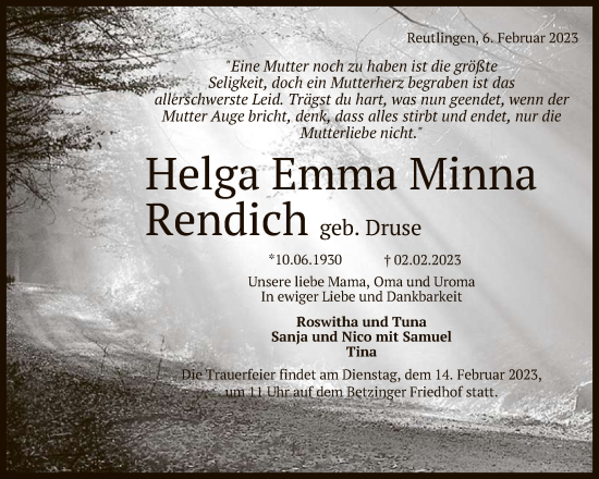 Anzeige von Helga Emma Minna Rendich von Reutlinger General-Anzeiger