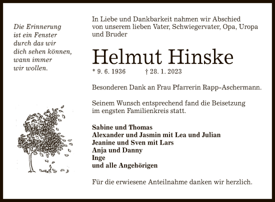 Anzeige von Helmut Hinske von Reutlinger General-Anzeiger