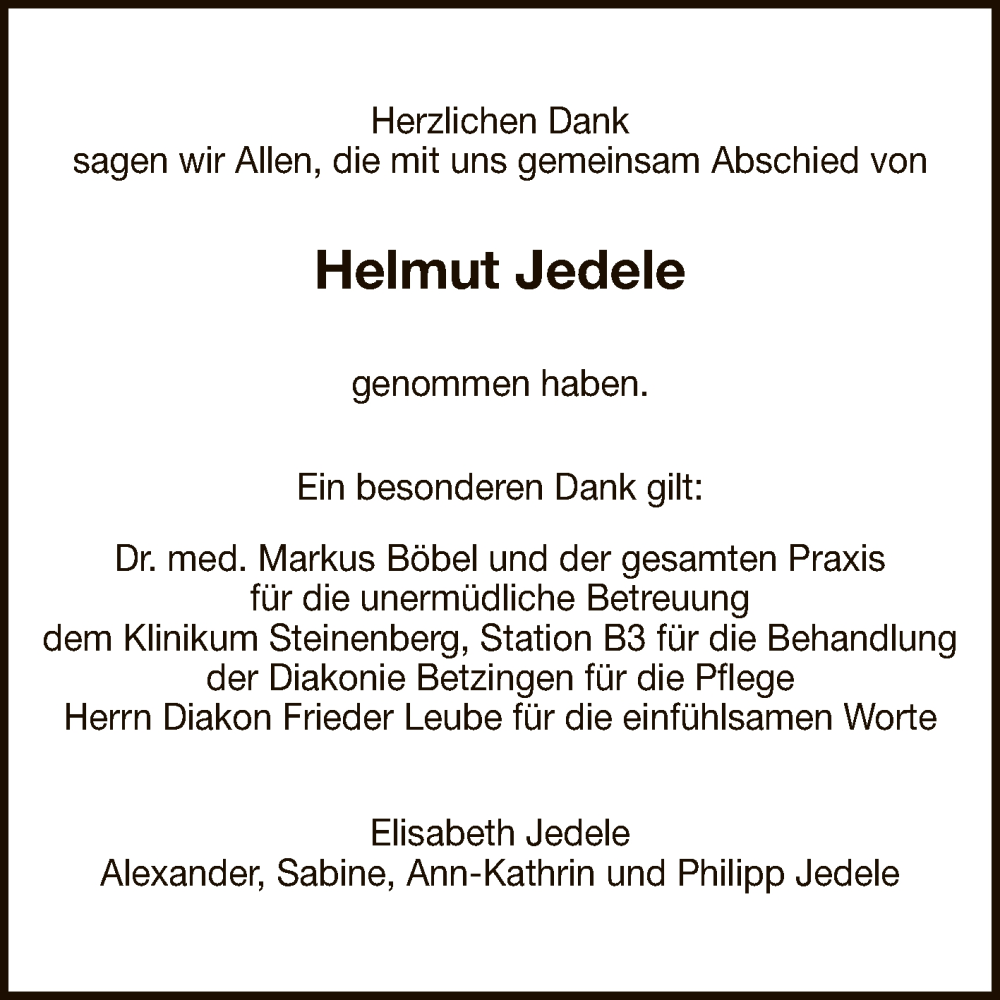  Traueranzeige für Helmut Jedele vom 04.02.2023 aus Reutlinger General-Anzeiger