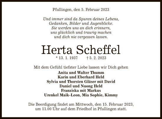 Anzeige von Herta Scheffel von Reutlinger General-Anzeiger