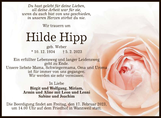 Anzeige von Hilde Hipp von Reutlinger General-Anzeiger