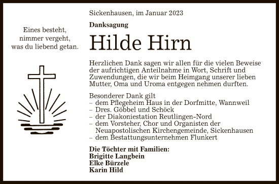 Anzeige von Hilde Hirn von Reutlinger General-Anzeiger