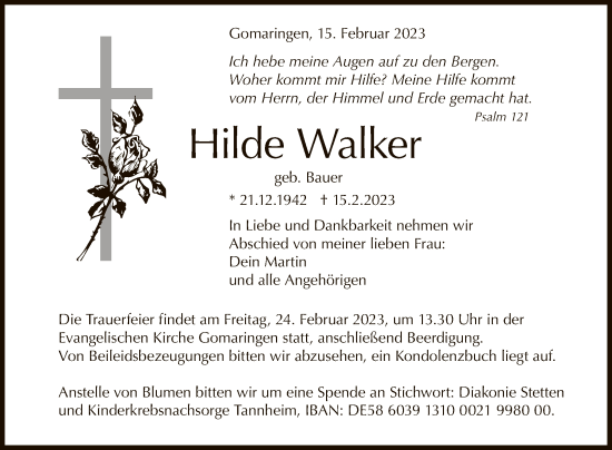 Anzeige von Hilde Walker von Reutlinger General-Anzeiger