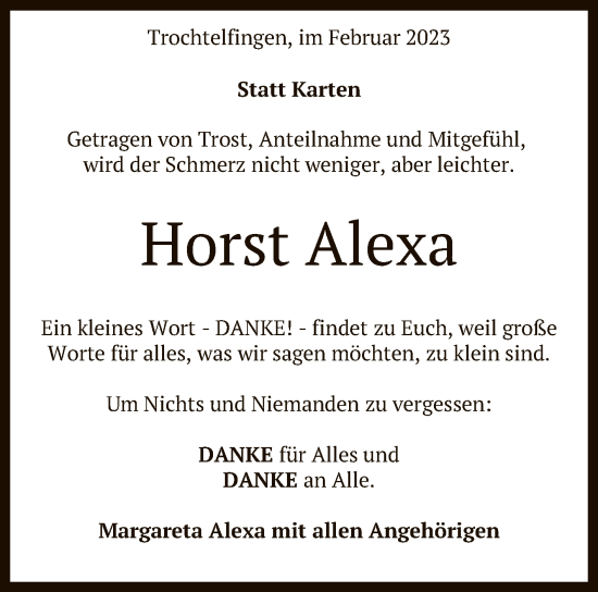 Anzeige von Horst Alexa von Reutlinger General-Anzeiger