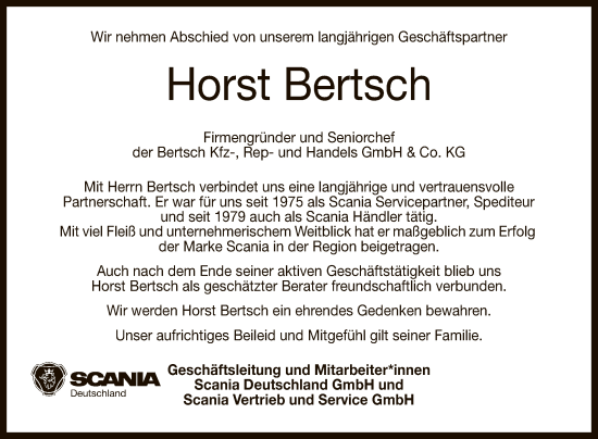 Anzeige von Horst Bertsch von Reutlinger General-Anzeiger