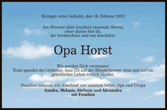 Anzeige von Horst Bertsch von Reutlinger General-Anzeiger