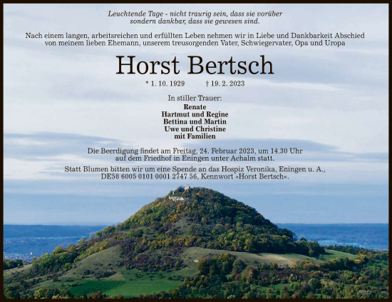 Anzeige von Horst Bertsch von Reutlinger General-Anzeiger