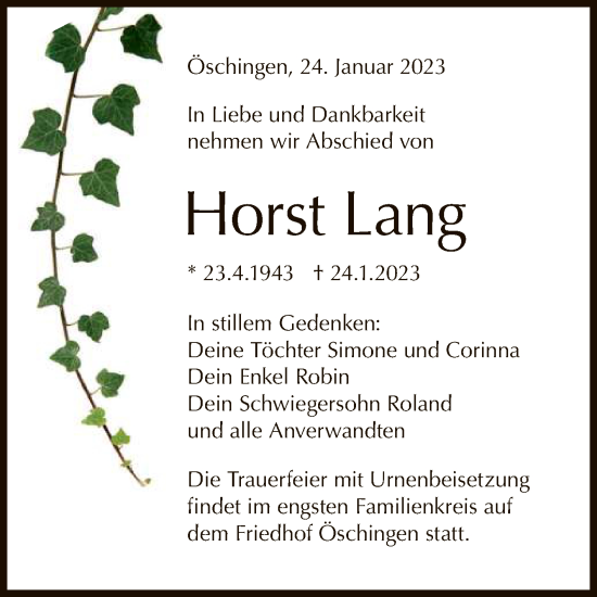 Anzeige von Horst Lang von Reutlinger General-Anzeiger