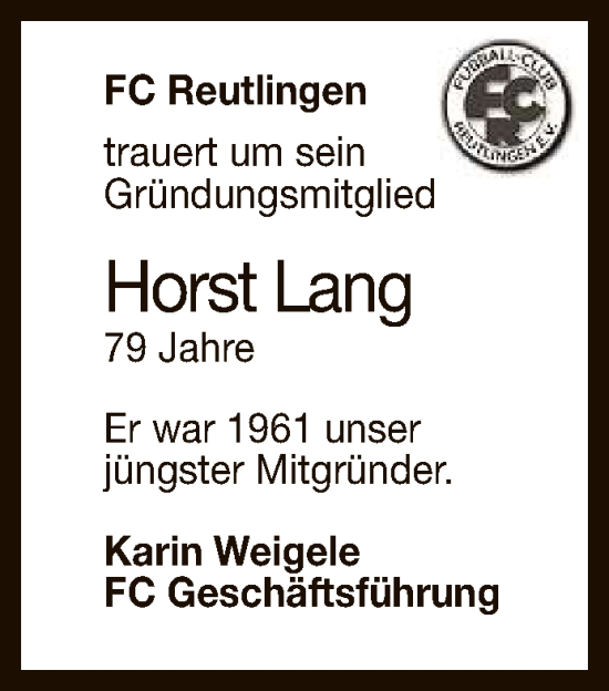 Anzeige von Horst Lang von Reutlinger General-Anzeiger