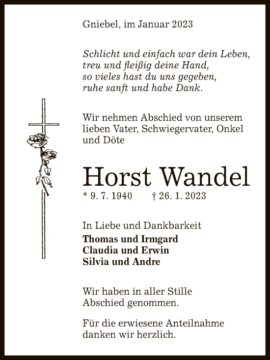 Anzeige von Horst Wandel von Reutlinger General-Anzeiger