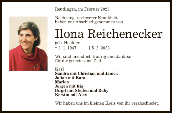 Anzeige von Ilona Reichenecker von Reutlinger General-Anzeiger