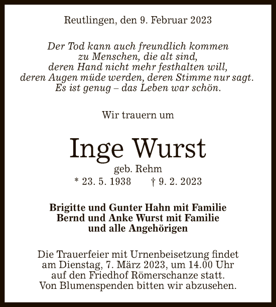 Anzeige von Inge Wurst von Reutlinger General-Anzeiger