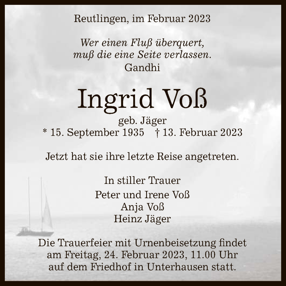 Traueranzeige für Ingrid Voß vom 20.02.2023 aus Reutlinger General-Anzeiger