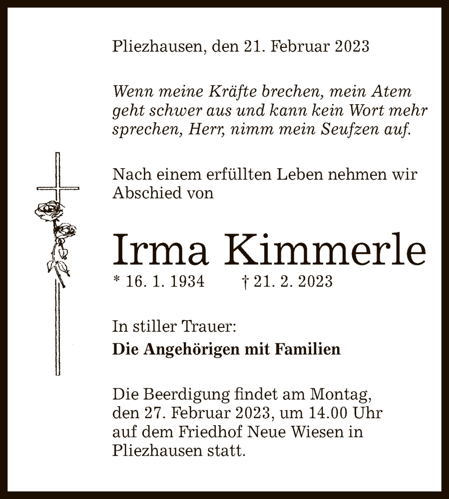 Traueranzeige für Irma Kimmerle vom 24.02.2023 aus Reutlinger General-Anzeiger