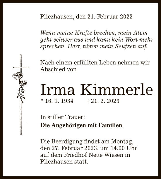 Anzeige von Irma Kimmerle von Reutlinger General-Anzeiger