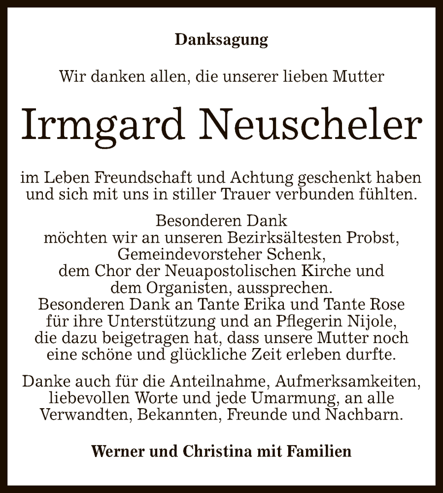  Traueranzeige für Irmgard Neuscheler vom 11.02.2023 aus Reutlinger General-Anzeiger